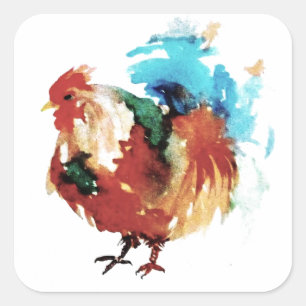Sticker Carré Poulet d'aquarelle de coq coloré