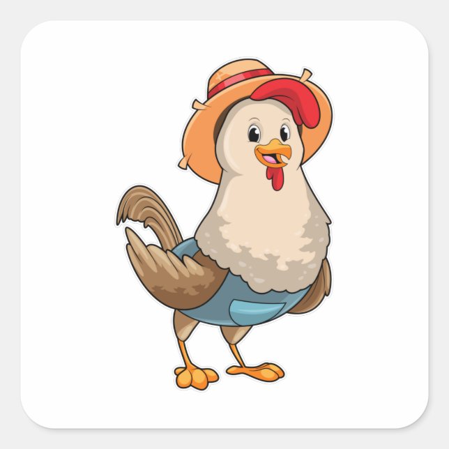 Sticker Carré Poulet en fermier avec Casquette (Devant)