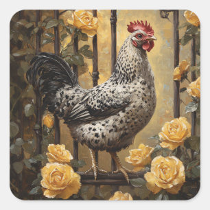 Sticker Carré Poulet tacheté aux roses jaunes, peinture à l'huil