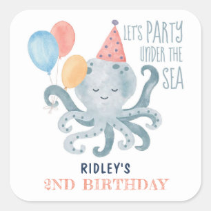 Sticker Carré Poulpe Aquarelle Anniversaire Sous La Mer
