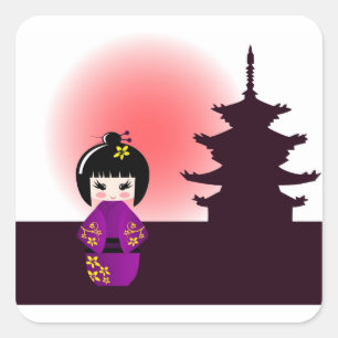 Sticker Carré Poupée de Kokeshi et temple japonais
