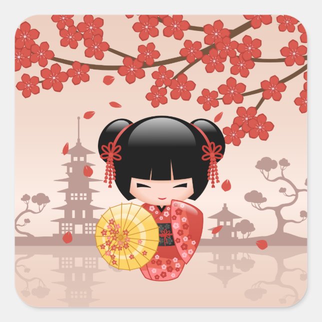 Sticker Carré Poupée rouge Sakura Kokeshi - Geisha japonais (Devant)