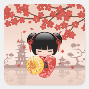 Sticker Carré Poupée rouge Sakura Kokeshi - Geisha japonais