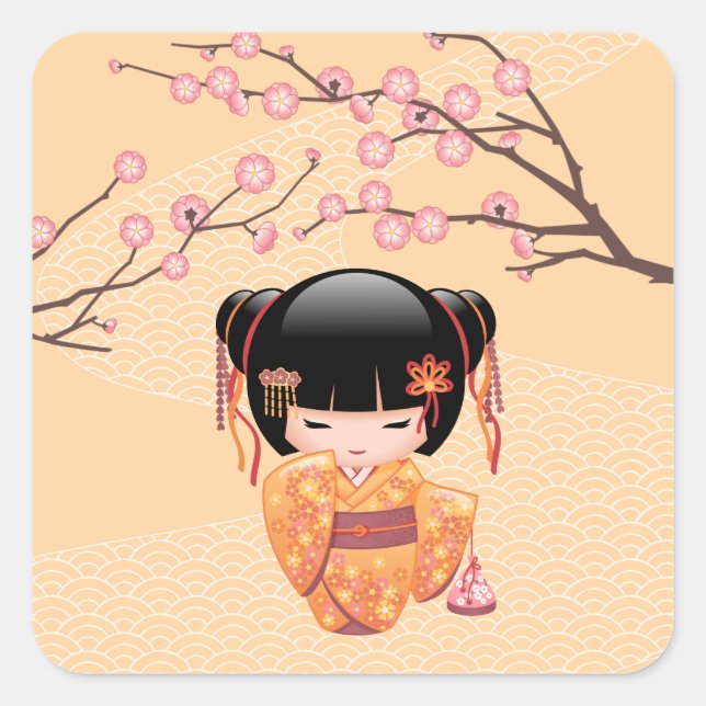 Sticker Carré Poupée Ume Kokeshi - Japonaise Pêche Geisha Girl (Devant)