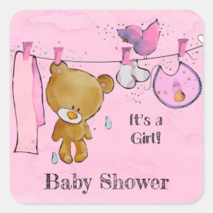 Sticker Carré pour fille Baby shower en peluche mi