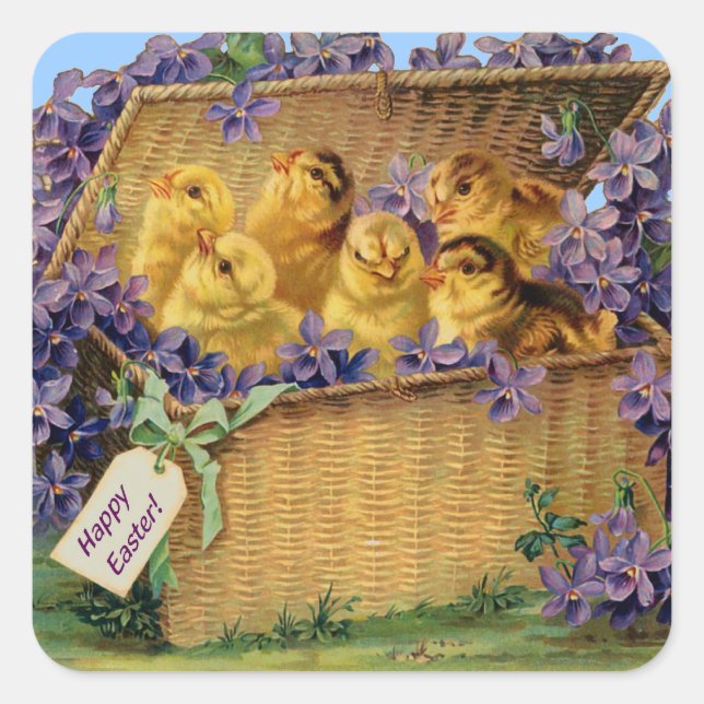 Sticker Carré Poussins de Pâques dans un panier (Devant)