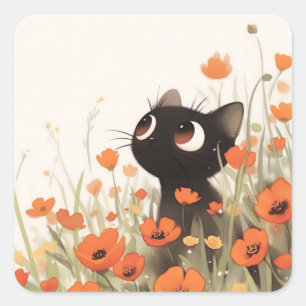 Sticker Carré Prairie aux Coquelicots Chat Noir