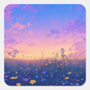 Sticker Carré Prairie de fleurs sauvages vibrantes au coucher du