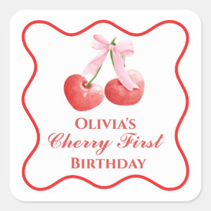 Sticker Carré Premier anniversaire Cerise Ruban Rose Gingham