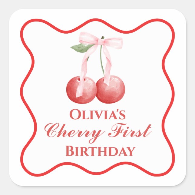 Sticker Carré Premier anniversaire Cerise Ruban Rose Gingham (Devant)