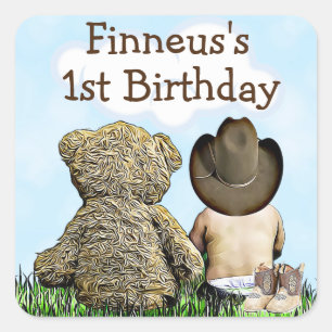 Sticker Carré Premier anniversaire personnalisé Cowboy et Teddy 