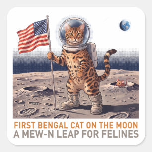 Sticker Carré Premier chat Bengal sur la Lune - Félin spatial ré
