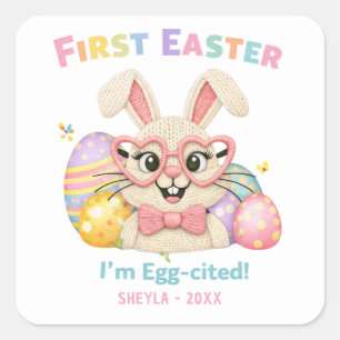 Sticker Carré Premier lapin surexcité de Pâques de bébé mignon