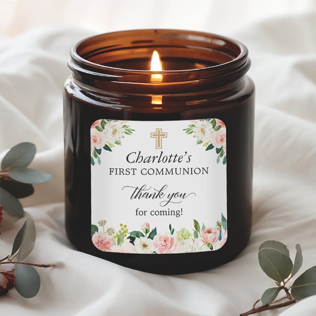 Sticker Carré Premier Merci de communion rose pâle rose rose (Créateur téléchargé)