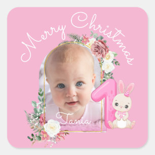 Sticker Carré Premier Noël Bébé Fille Rose Photo floral