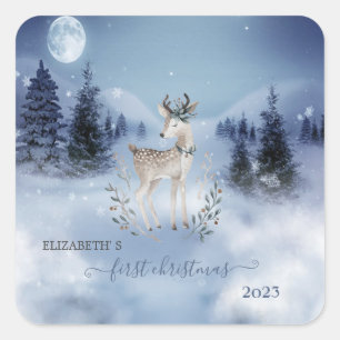 Sticker Carré Premier Noël, Faon, Paysage hivernal