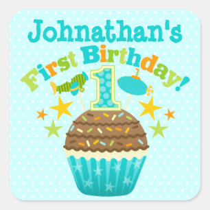 Sticker Carré Premier petit gâteau d'anniversaire (garçons)