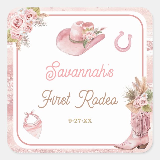 Sticker Carré Premier Rodéo Boho Rose 1er Anniversaire (Devant)