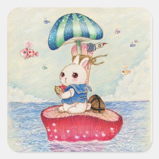 Sticker Carré Premier voyage du lapin mignon (Devant)