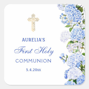 Sticker Carré Première communion à l'hortensia bleu