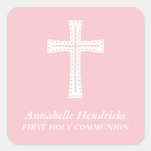 Sticker Carré Première communion des filles de croix roses
