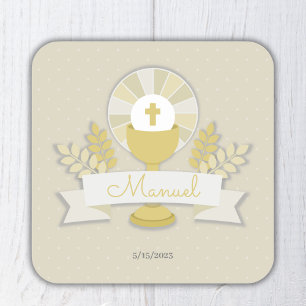 Sticker Carré Première communion, première communion beige
