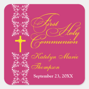 Sticker Carré Première sainte communion de fuchsia baroque de