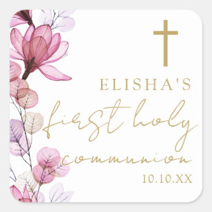 Sticker Carré Première Sainte Communion Fleurie Rose Élégante
