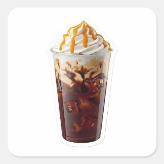 Sticker Carré Premium 3D Iced Coffee with Caramel Drizzle Sticke