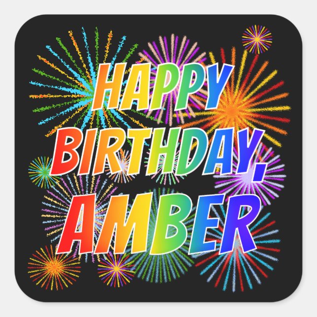 Sticker Carré Prénom "AMBER", Amusant "HEUREUX ANNIVERSAIRE" (Devant)