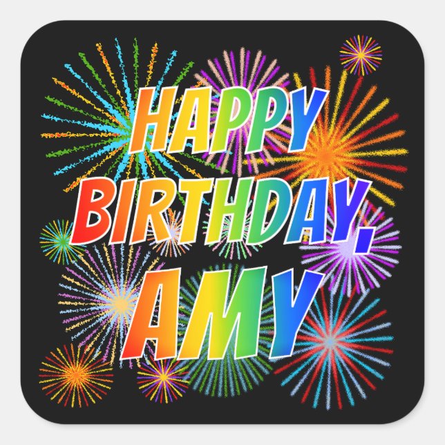Sticker Carré Prénom "AMY", Amusant "HEUREUX ANNIVERSAIRE" (Devant)