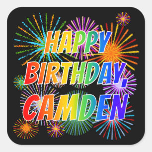 Sticker Carré Prénom "CAMDEN", Amusant "HEUREUX ANNIVERSAIRE"