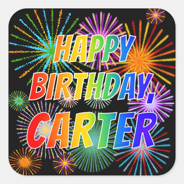 Sticker Carré Prénom "CARTER", Amusant "HEUREUX ANNIVERSAIRE" (Devant)