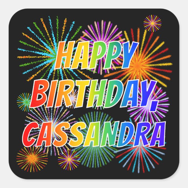 Sticker Carré Prénom "CASSANDRA", Amusant "HEUREUX ANNIVERSAIRE" (Devant)