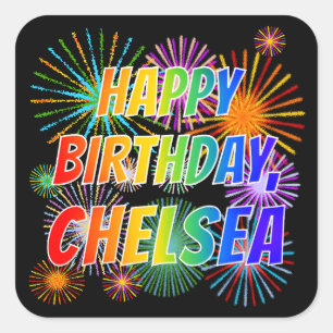 Sticker Carré Prénom "CHELSEA", Fun "HEUREUX ANNIVERSAIRE"