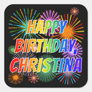 Sticker Carré Prénom "CHRISTINA", amusant "HEUREUX ANNIVERSAIRE"