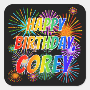 Sticker Carré Prénom "COREY", Amusant "HEUREUX ANNIVERSAIRE"