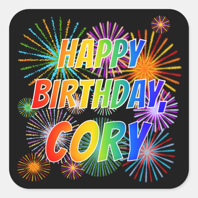 Sticker Carré Prénom "CORY", Amusant "HEUREUX ANNIVERSAIRE" (Devant)