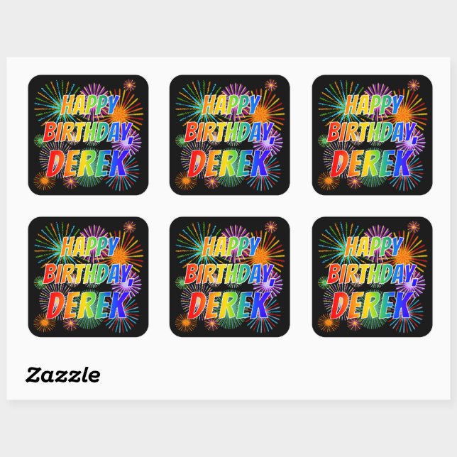 Sticker Carré Prénom "DEREK", Amusant "HEUREUX ANNIVERSAIRE" (Feuille)