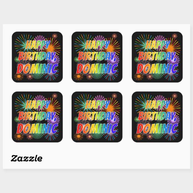 Sticker Carré Prénom "DOMINIC", Amusant "HEUREUX ANNIVERSAIRE" (Feuille)