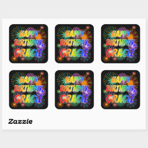 Sticker Carré Prénom "GRACIE", Fun "HEUREUX ANNIVERSAIRE"