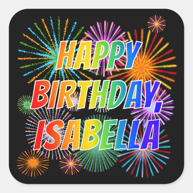 Sticker Carré Prénom "ISABELLA", Amusant "HEUREUX ANNIVERSAIRE" (Devant)