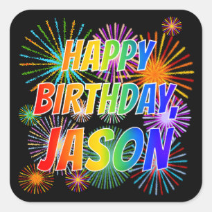 Sticker Carré Prénom "JASON", Amusant "HEUREUX ANNIVERSAIRE"