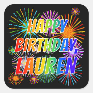 Sticker Carré Prénom "LAUREN", amusant "HEUREUX ANNIVERSAIRE"