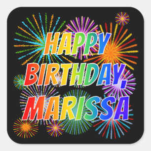 Sticker Carré Prénom "MARISSA", Amusant "HEUREUX ANNIVERSAIRE"