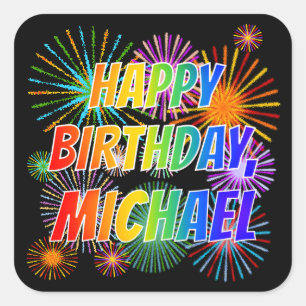 Sticker Carré Prénom "MICHAEL", Fun "HEUREUX ANNIVERSAIRE"