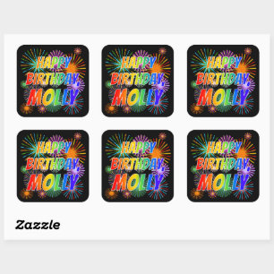 Sticker Carré Prénom "MOLLY", Amusant "HEUREUX ANNIVERSAIRE"