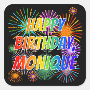 Sticker Carré Prénom "MONIQUE", Fun "HEUREUX ANNIVERSAIRE"