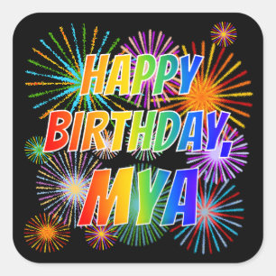 Sticker Carré Prénom "MYA", Amusant "HEUREUX ANNIVERSAIRE"