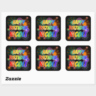 Sticker Carré Prénom "NICOLE", Fun "HEUREUX ANNIVERSAIRE"